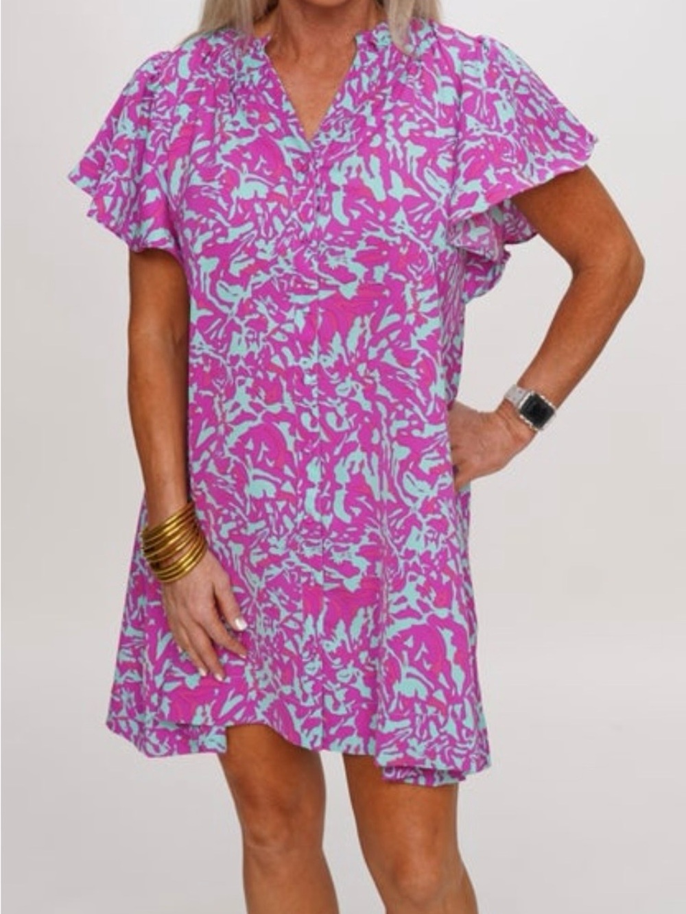 Umgee Purple and Aqua Floral Flutter Dress